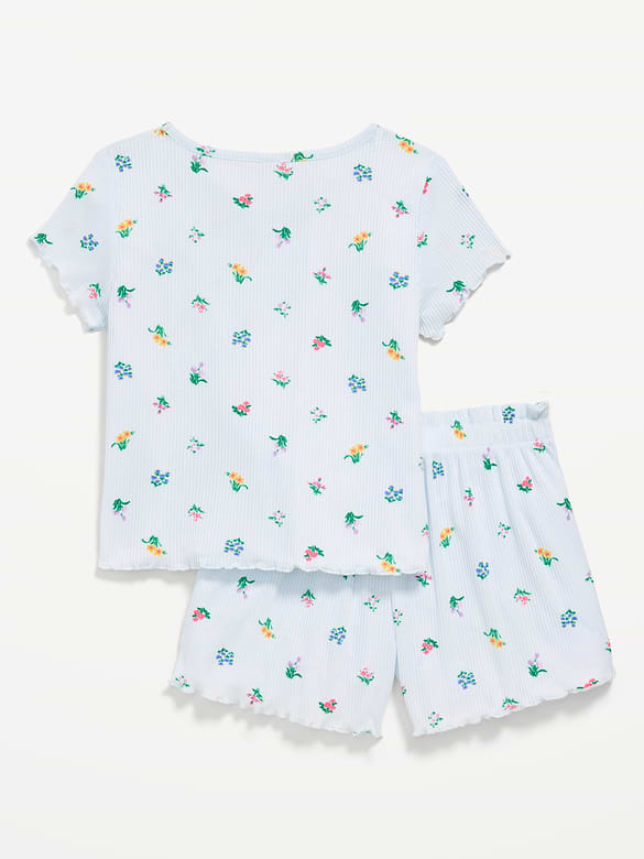 Ribbed Lettuce-Edge Pajama Top and Shorts Set for Girls