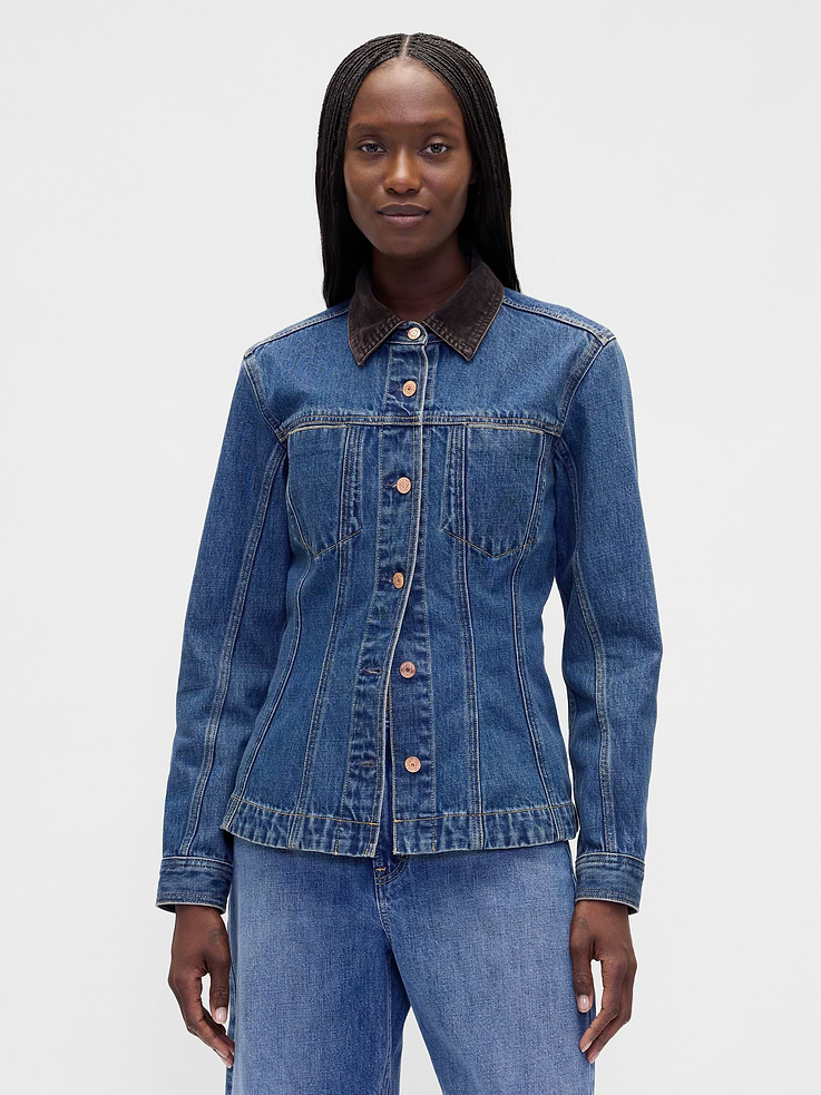 Image 1 of 5, Authentic non-stretch denim fitted jacket., Corduroy spread collar., Long sleeves with button cuffs., Button front., Patch pockets at front., Seaming detail., Medium wash., Responsibly Made: This denim jacket is part of our water-saving Washwell program. Compared with conventional wash methods, Washwell uses at least 20% less water., More Sustainable Cotton: Made with 5% recycled cotton. Compared to virgin materials, using recycled materials helps reduce resource use and waste., Product #842720