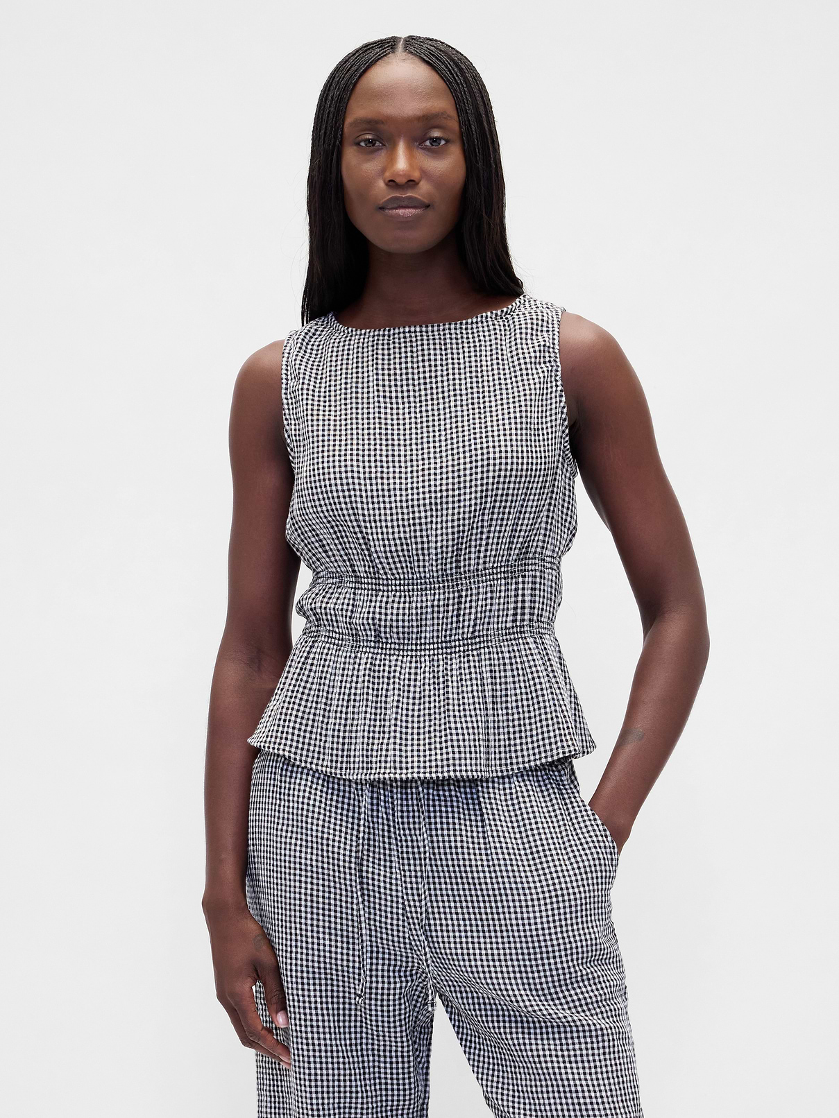 Cotton Gauze Smocked-Waist Peplum Top