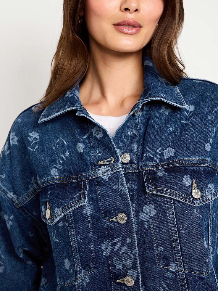 Image number 4 showing, Oversized Floral Print Jean Trucker Jacket