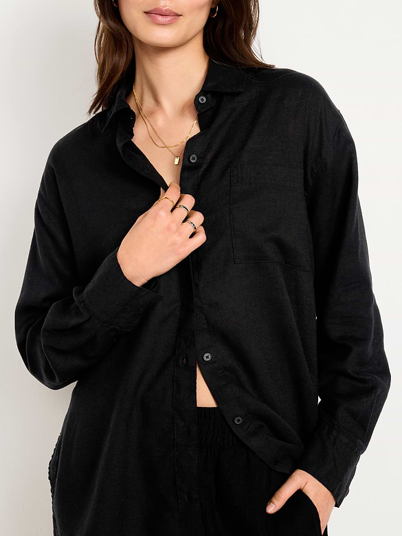Linen-Blend Loose Button-Down Shirt