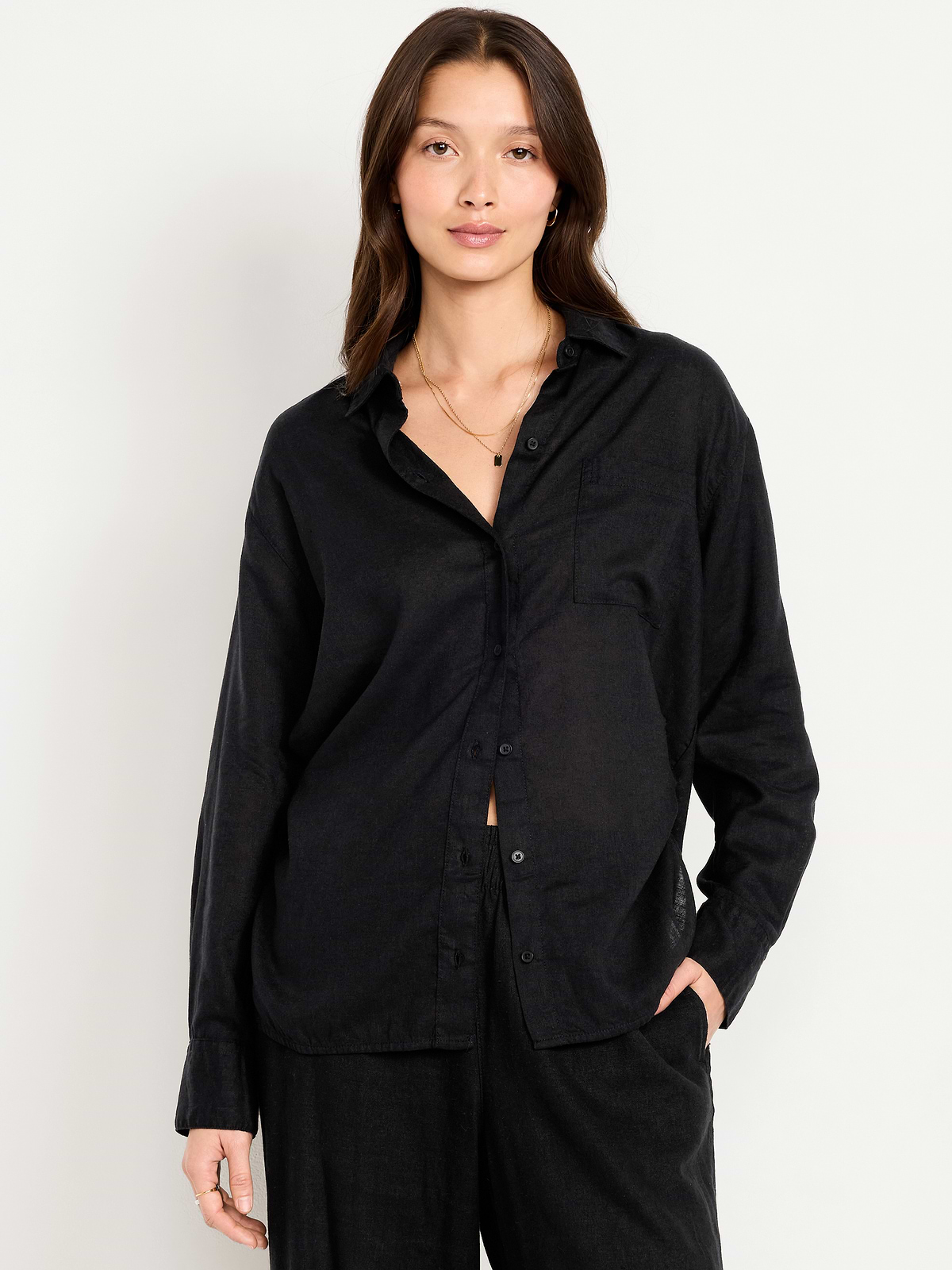 Linen-Blend Loose Button-Down Shirt