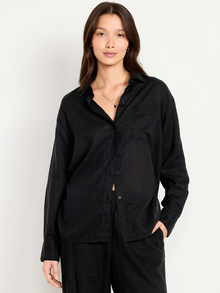 Image number 1 showing, Linen-Blend Loose Button-Down Shirt