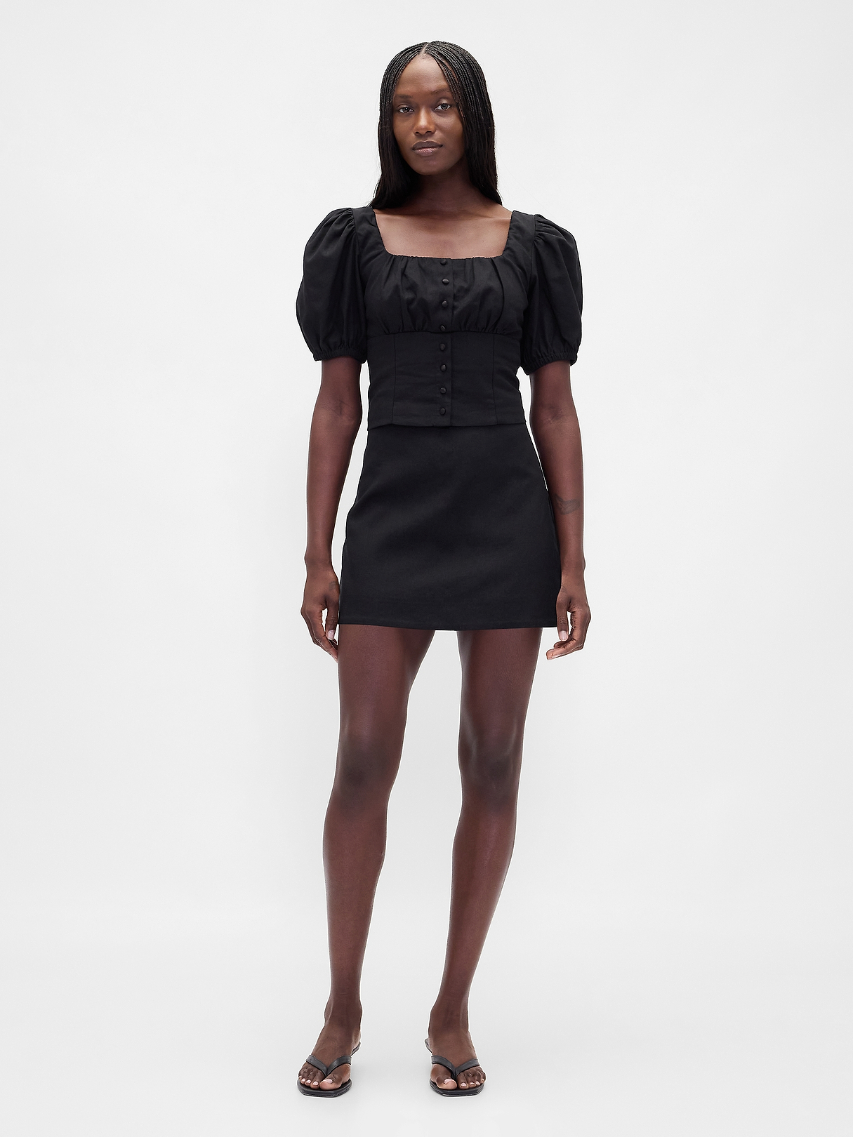 Linen-Blend Puff-Sleeve Crop Corset Top | Gap