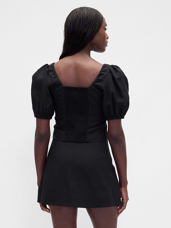 Linen-Blend Puff-Sleeve Crop Corset Top