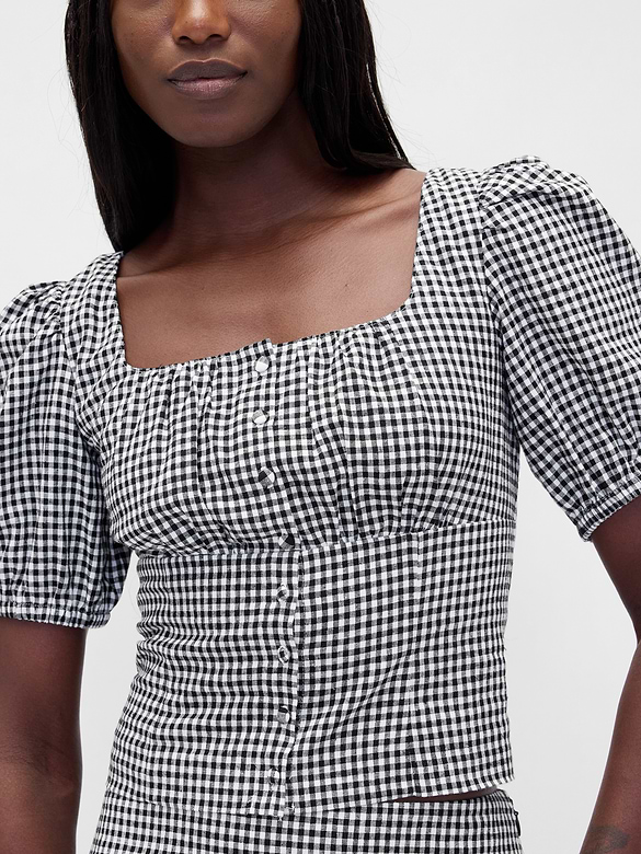 Linen-Blend Puff-Sleeve Crop Corset Top