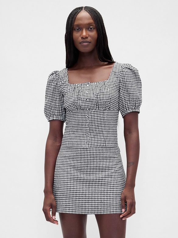 Linen-Blend Puff-Sleeve Crop Corset Top