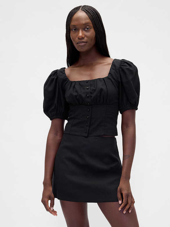 Linen-Blend Puff-Sleeve Crop Corset Top