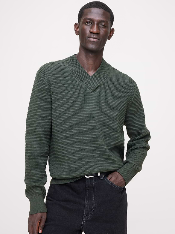 Cotton Thermal-Knit V-Neck Sweater