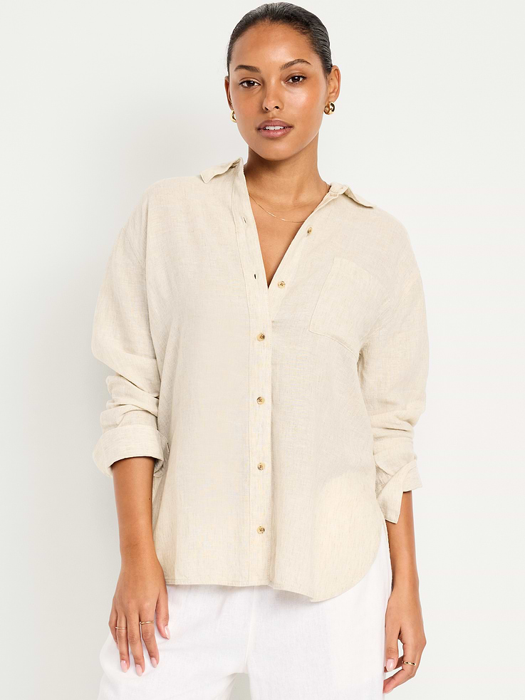 Image number 1 showing, Linen-Blend Loose Button-Down Shirt
