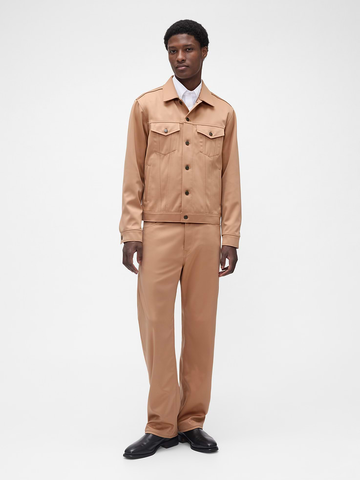 Image 1 of 2, Soft satin loose pants., Button closure, zip fly., Five-pocket styling., Made with 100% recycled polyester. Compared to virgin materials, using recycled materials helps reduce resource use and waste., Online exclusive., Product #866551