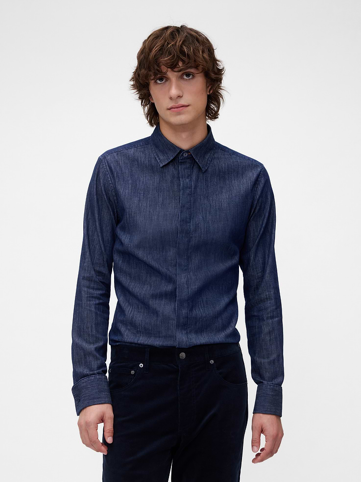 Image 1 of 2, Soft cotton chambray shirt., Spread collar., Long sleeves with button cuffs., Hidden button front., Online exclusive., Product #866555