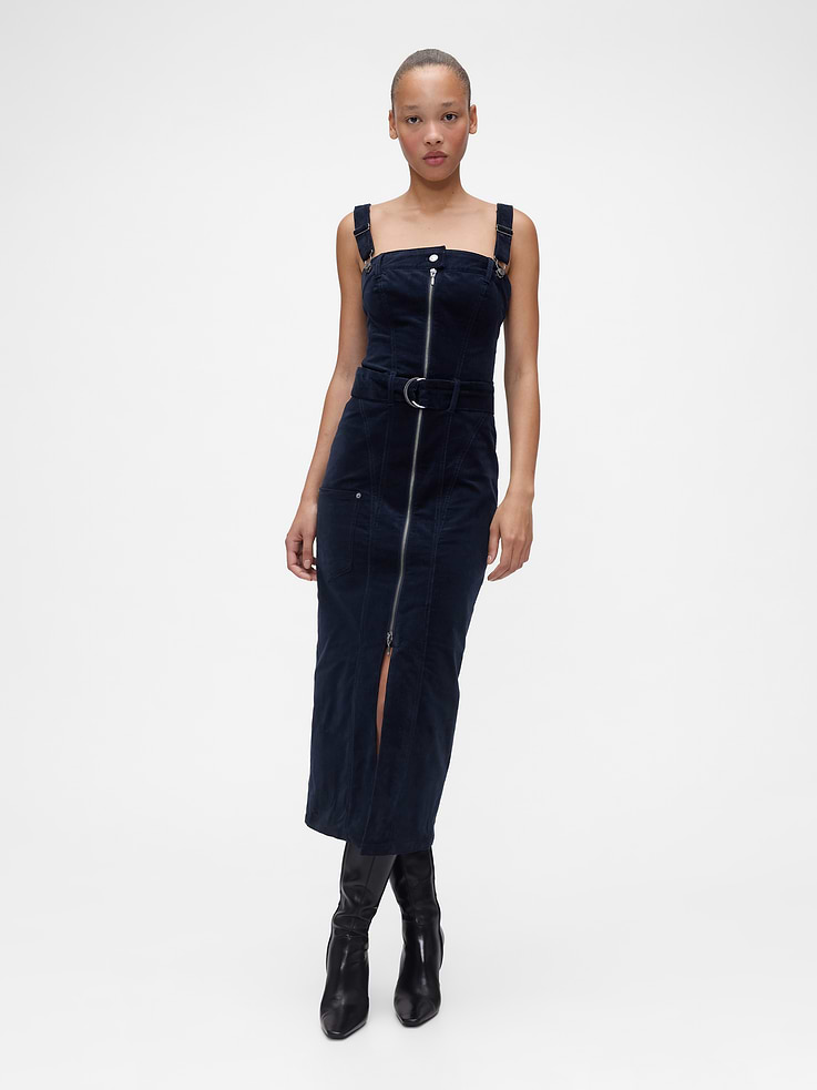 Image 1 of 2, Soft, stretch denim-like corduroy midi dress., Square neck with snap button closure., Adjustable overall tank straps., Zipper front., Belt at waist., Online exclusive., Product #867424