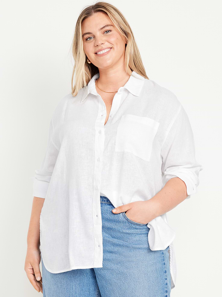 Image number 7 showing, Linen-Blend Loose Button-Down Shirt