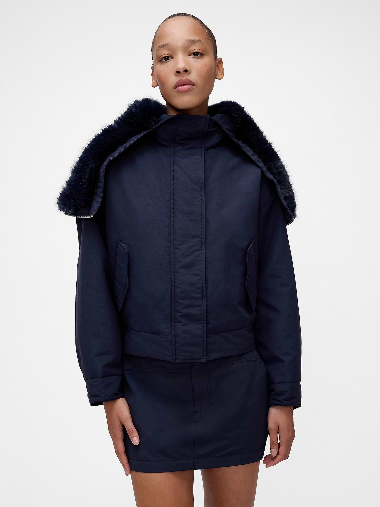 GapStudio Faux Fur-Lined Crop Bomber Jacket | Gap