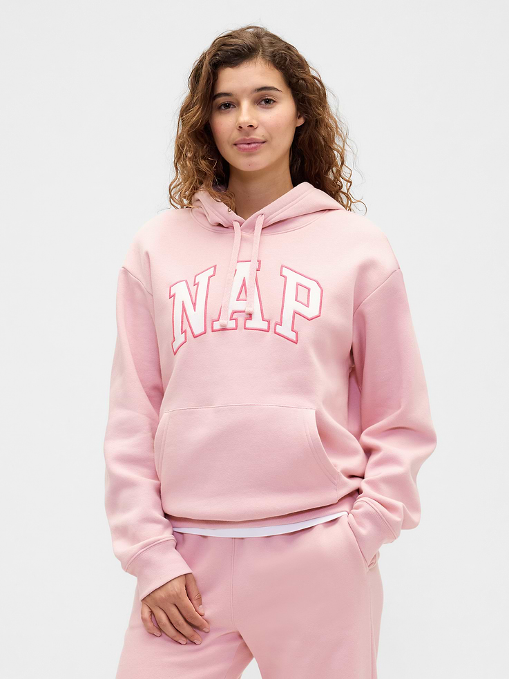 Image 1 of 5, This product is made with/contains 23% recycled polyester. Compared to virgin materials, using recycled materials helps reduce resource use and waste., Soft, comfy fleece., Dropped shoulder, long balloon sleeves with banded cuffs., Drawcord ties at hood., Nap graphic at front., Kanga pocket., Banded hem., Product #1174042