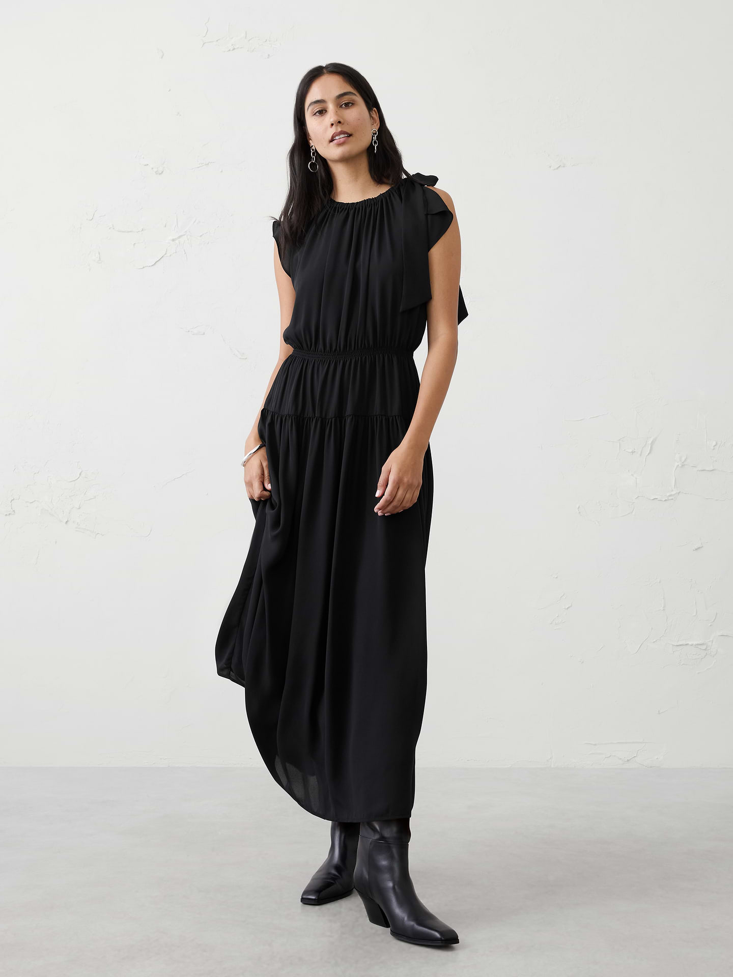 Image number 1 showing, Shirred-Neck Drop-Waist Midi Dress