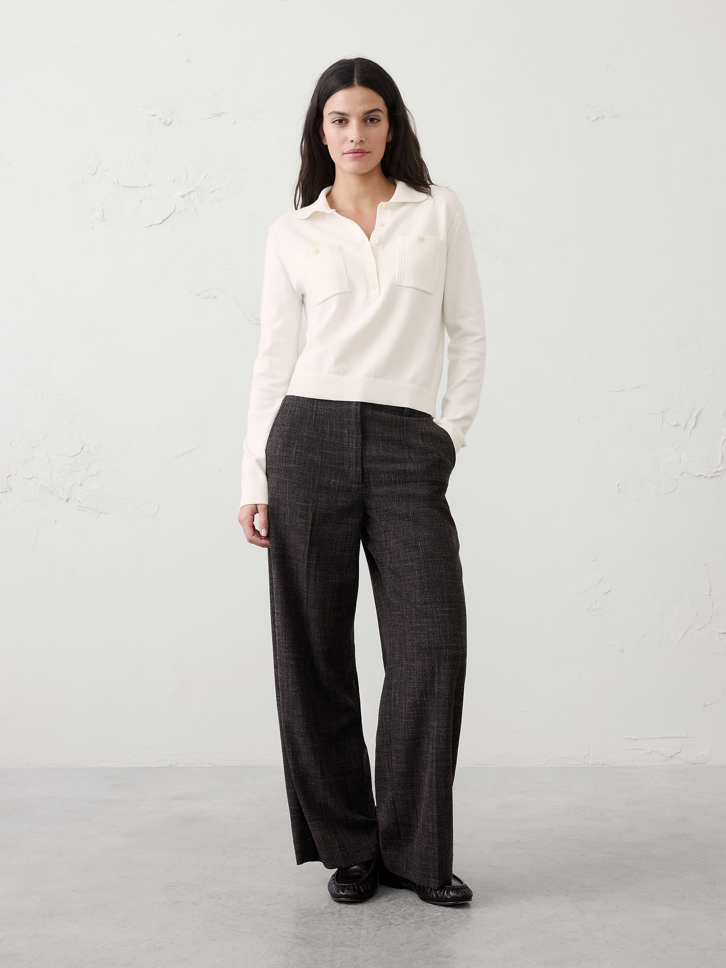 Image 1 of 4, Crafted from a yarn that's incredibly soft with a warm hand feel., Polo henley collar. Long sleeves., Buttoned chest pockets., Ribbed collar, arm cuffs and hem., Straight hem., Made exclusively for Banana Republic Factory., Product #808275