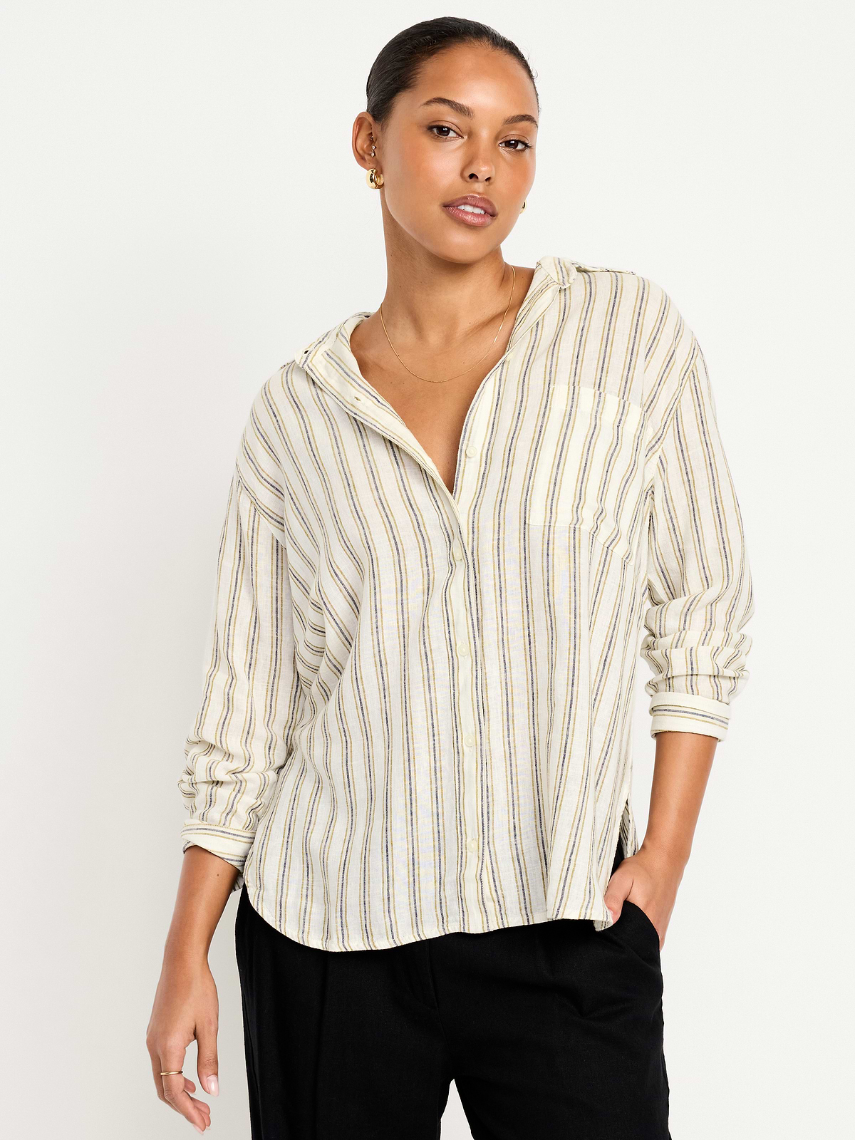 Linen-Blend Loose Button-Down Shirt