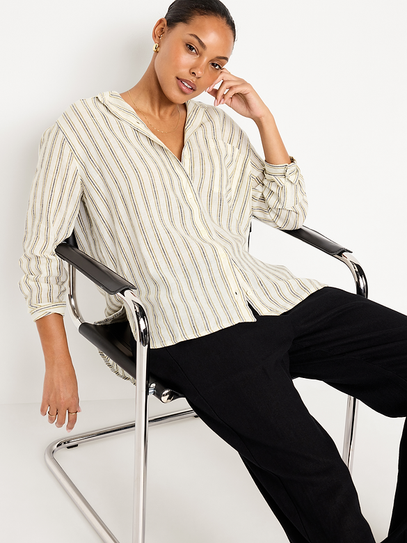 Linen-Blend Loose Button-Down Shirt