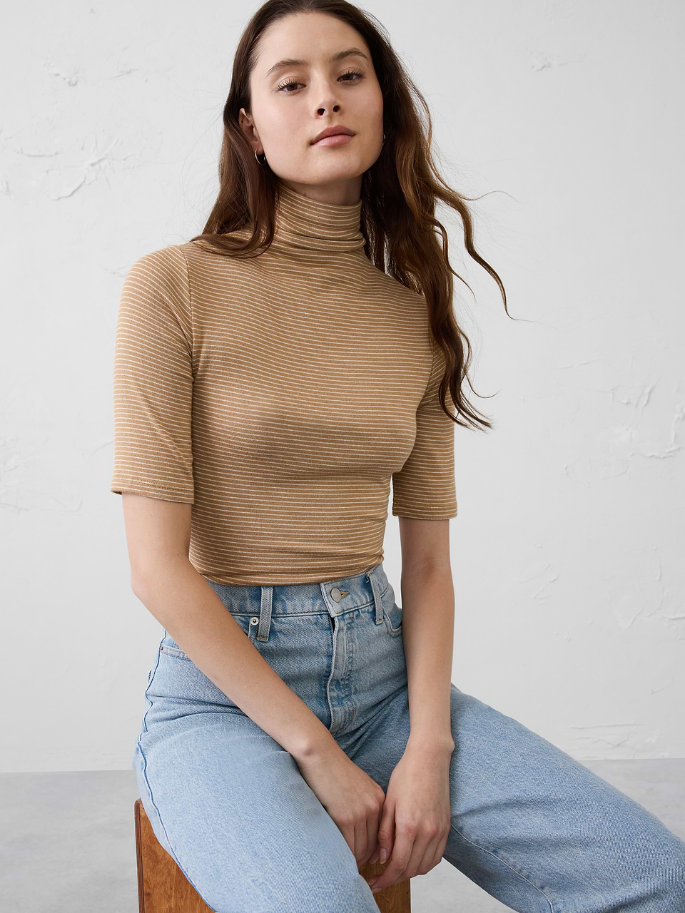 Banana Republic Factory Women's Soft Luxe Turtleneck Top (Neutral Stripe)