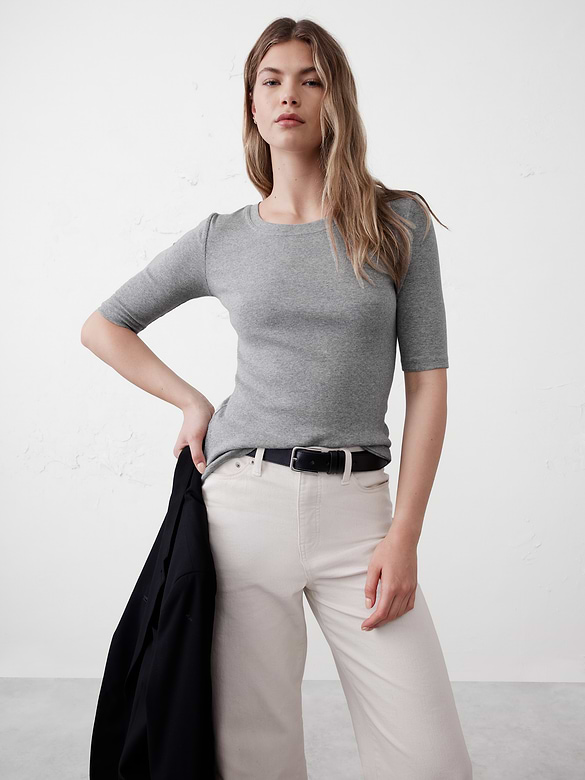 Ribbed Elbow-Sleeve T-Shirt
