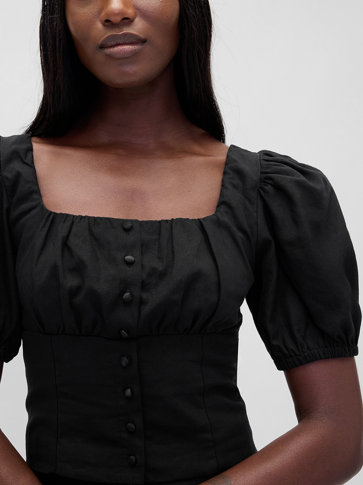 Linen-Blend Puff-Sleeve Crop Corset Top | Gap