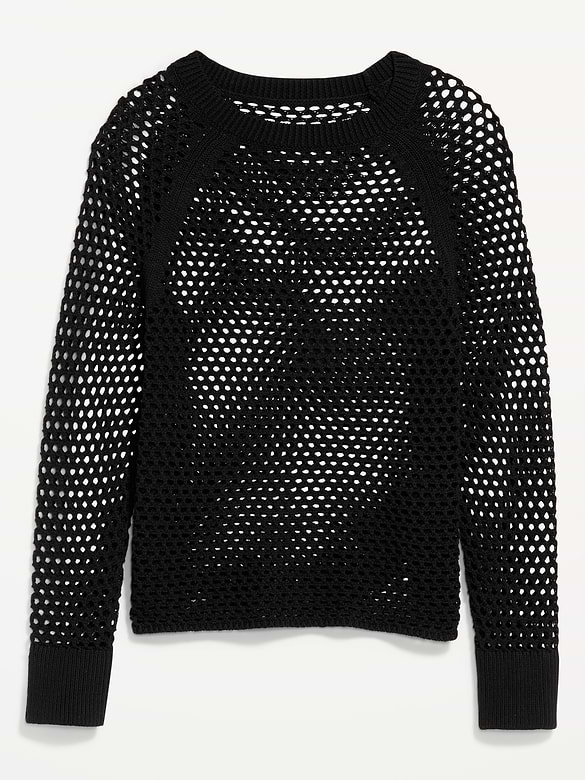 Seaside Cotton Open-Knit Raglan Sweater