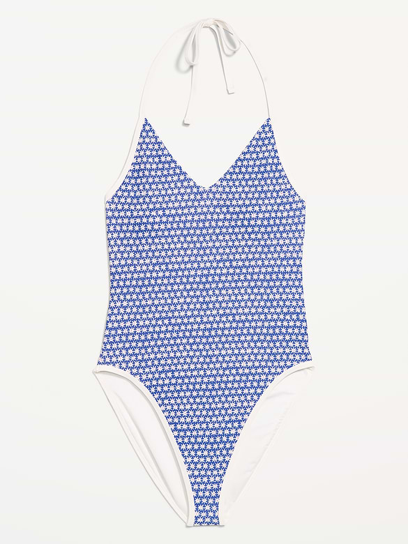 Pique V-Neck Halter Swimsuit
