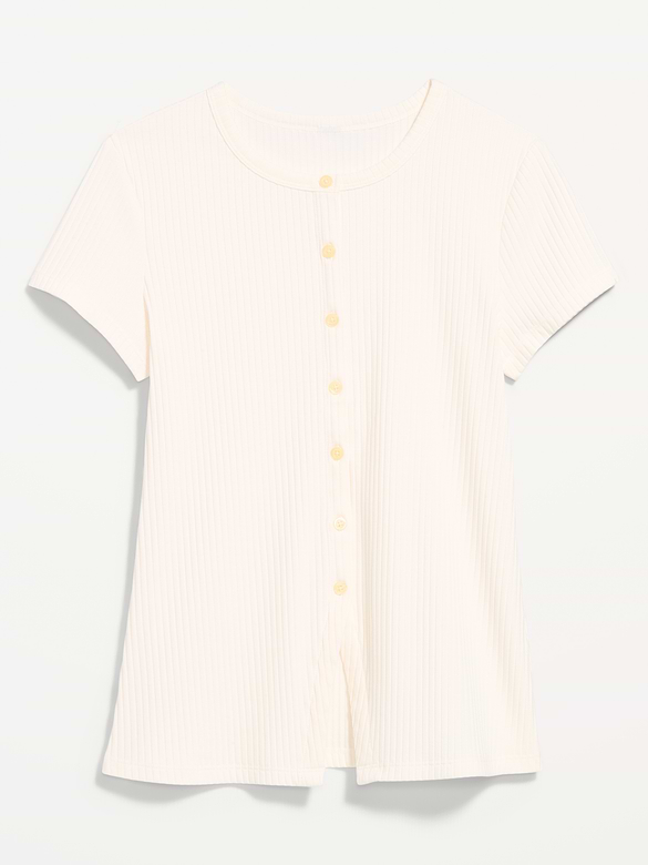 Short-Sleeve Ribbed Button-Down Top