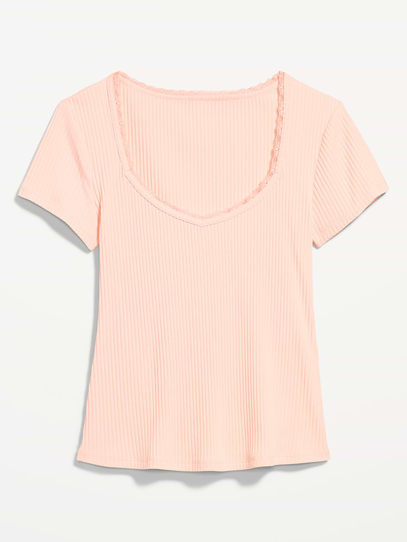 Lace-Trim Sweetheart-Neck Ribbed Top