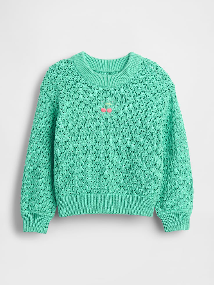 Image 1 of 2, Soft knit cotton sweater., Crewneck., Long sleeves., Ribbed cuffs & hem., Certain styles have an embroidered graphic at front., Certain styles have allover stripes., This product was made in a factory that invests in gender equity and women’s empowerment through RISE. Learn more at gapinc.com/equity ., Product #881898