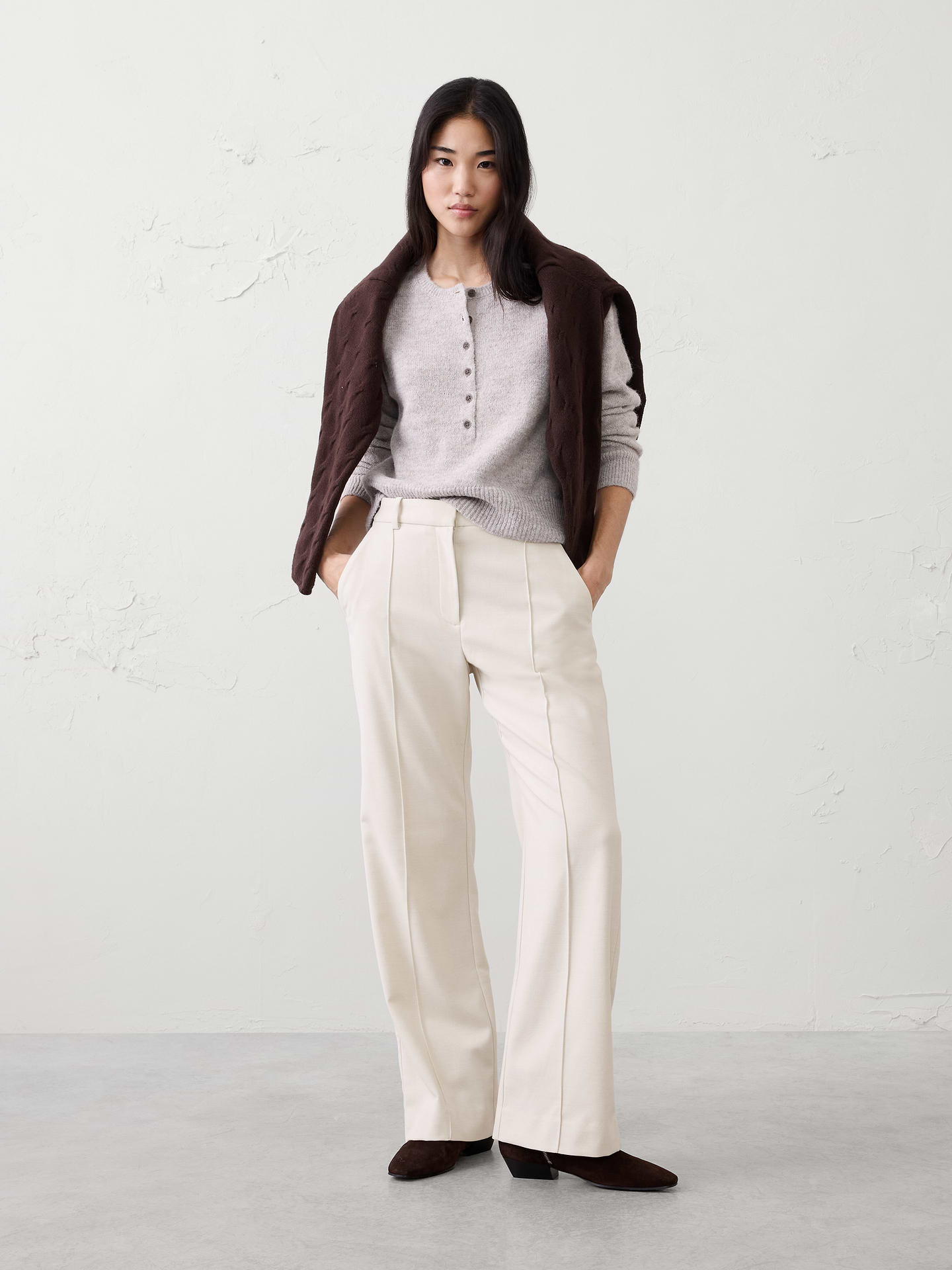 Image number 1 showing, Wide-Leg High-Rise Brushed Pintuck Trouser