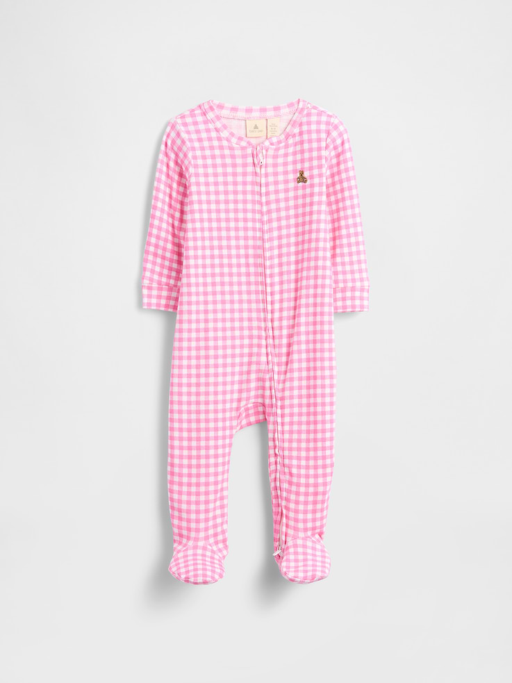 Image 1 of 3, Soft knit., Long sleeves with banded cuffs., Two-way zip closure for fast changes., Embroidered Brannan Bear at chest., Attached feet., Fold-over mittens on sizes 0-7LBS and 0-3M help keep hands warm and protected., Allover print., Product #500474