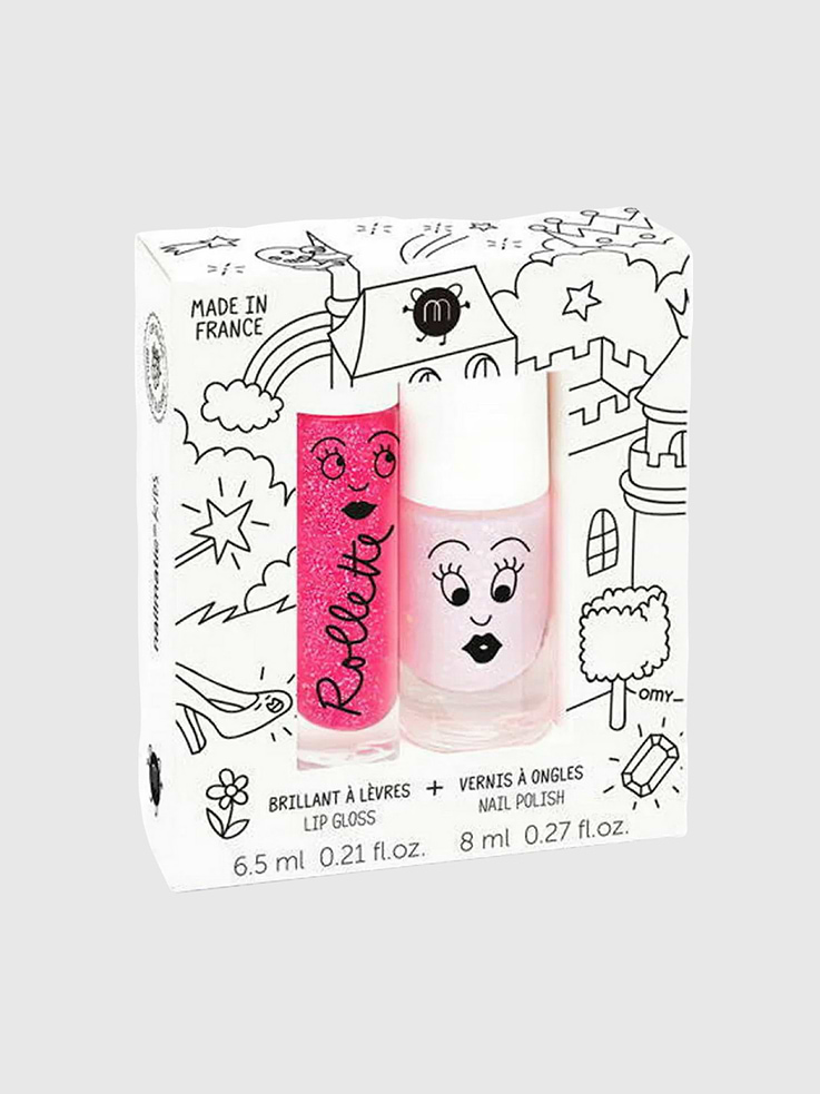 Image 1 of 1, This beauty duo includes a glittery pink water-based nail polish and a fruity apricot-oil lip gloss, offering a fun, kid-friendly way to play with color and shine., Packaged in a recyclable box printed with vegetable ink, it even doubles as a coloring activity for added creativity.