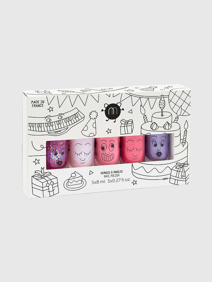 Image 1 of 1, Turn any celebration into a mini nail bar with this set of five kid–friendly nail polishes., Featuring playful pink and purple shades with glittery finishes, each polish is water-based, easy to remove, and safe for little nails., A perfect birthday activity or gift for creative kids who love color.