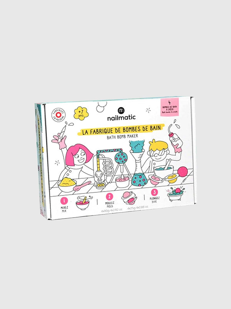 Image 1 of 2, A fun DIY kit that lets kids create four colorful bath bombs infused with sweet almond oil and chamomile extract for a soothing, hydrating bath experience., The recyclable packaging is printed with vegetable ink and doubles as a coloring activity for added creativity.