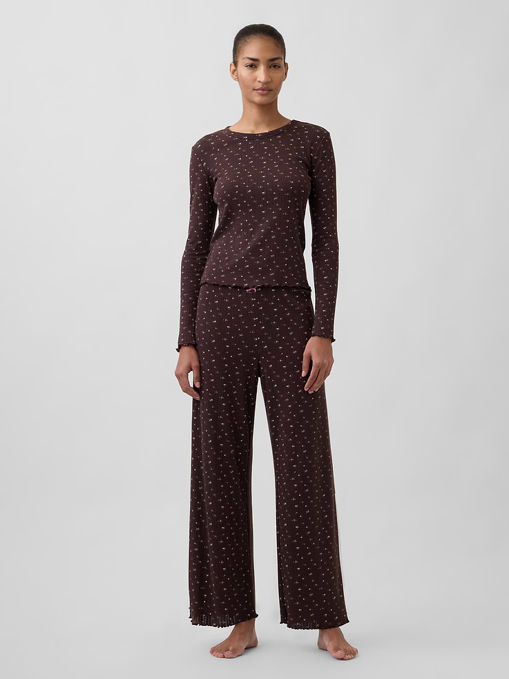 Image 1 of 6, Soft cotton-blend, pointelle knit pajama pants., Elasticized waist., Ruffled hems., Product #843377