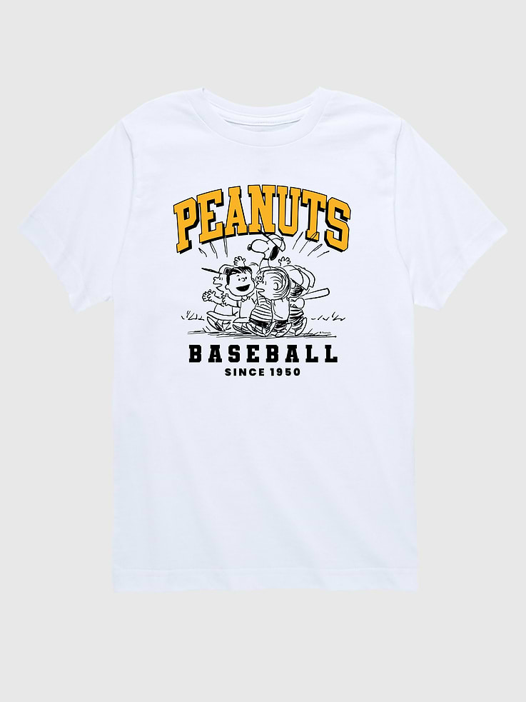 Image 1 of 4, Soft cotton t-shirt., Classic fit., Crewneck., Short sleeves., Officially licensed Peanuts graphic at front., Hybrid Apparel designs creative, innovative graphic apparel with a customer-first focus, continually evolving through new ideas and technologies to grow alongside its partners and customers., Item is printed on demand.