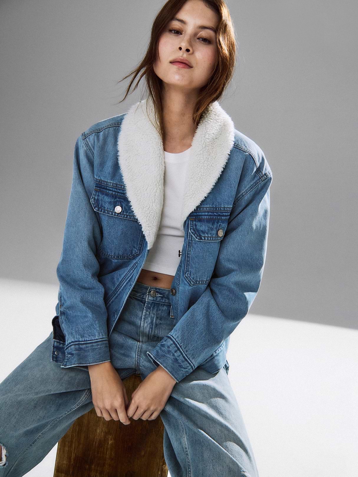 Sherpa-Lined Shawl Denim Jacket | Gap