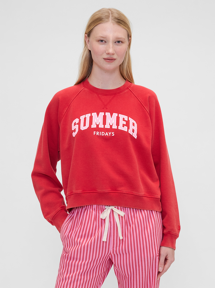 Image 1 of 8, Summer Fridays is a California beauty brand, known for its simplicity and ease. Made for the skin and the senses. We’ve partnered on this collection, bringing Summer Fridays together with Gap’s lounge essentials. Designed to unwind in., Soft fleece sweatshirt. In an oversized, slightly cropped fit., Crewneck., Long raglan sleeves with embroidered Gap logo at cuff., Summer Fridays arch logo at front., Made with 14% recycled polyester. Compared to virgin materials, using recycled materials helps reduce resource use and waste., Explore our GapSweats Guide ., Product #856422