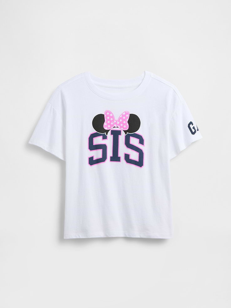 Image 1 of 3, A very special collaboration between Gap and Disney— two timeless, iconic American brands— led us to create a collection that celebrates Mickey Mouse and Minnie Mouse., Soft jersey knit., Dropped shoulder, short sleeves., Crewneck., Graphic at front, Gap logo at sleeve., Product #1173214