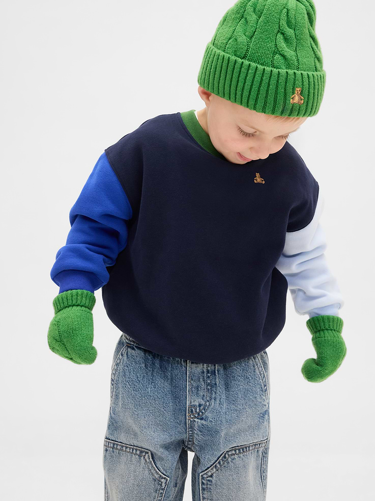 Image 1 of 3, Our bestselling fabric that feels cashmere-soft. Crafted in a midweight plush yarn. Refined with a special brushed technique. It's everyday luxury., Supersoft cable-knit beanie hat and mittens cold-weather accessories set., Embroidered Brannan Bear at beanie., Ribbed roll cuffs., Note: Sizes 0-6 months do not feature thumb holes., This product was made in a factory that invests in gender equity and women’s empowerment through RISE. Learn more at gapinc.com/equity., Product #838359