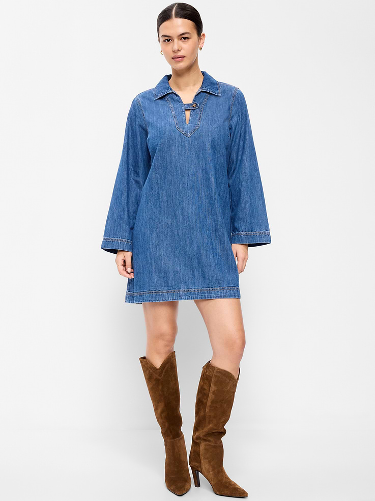 Image number 7 showing, Long-Sleeve Popover Jean Mini Dress