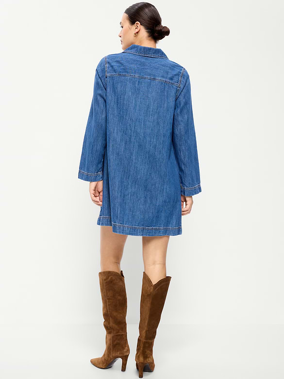 Long-Sleeve Popover Jean Mini Dress