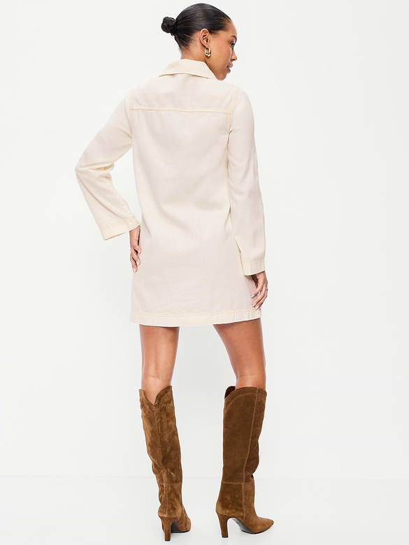 Long-Sleeve Popover Jean Mini Dress