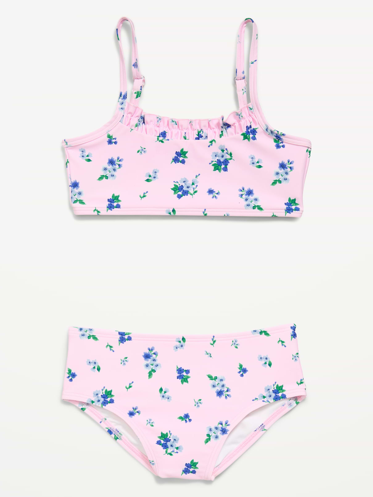 Image 1 of 2, round ruffled neckline, thin spaghetti straps, matching swim bottoms, elasticized waistband, all-over print, Product #886206