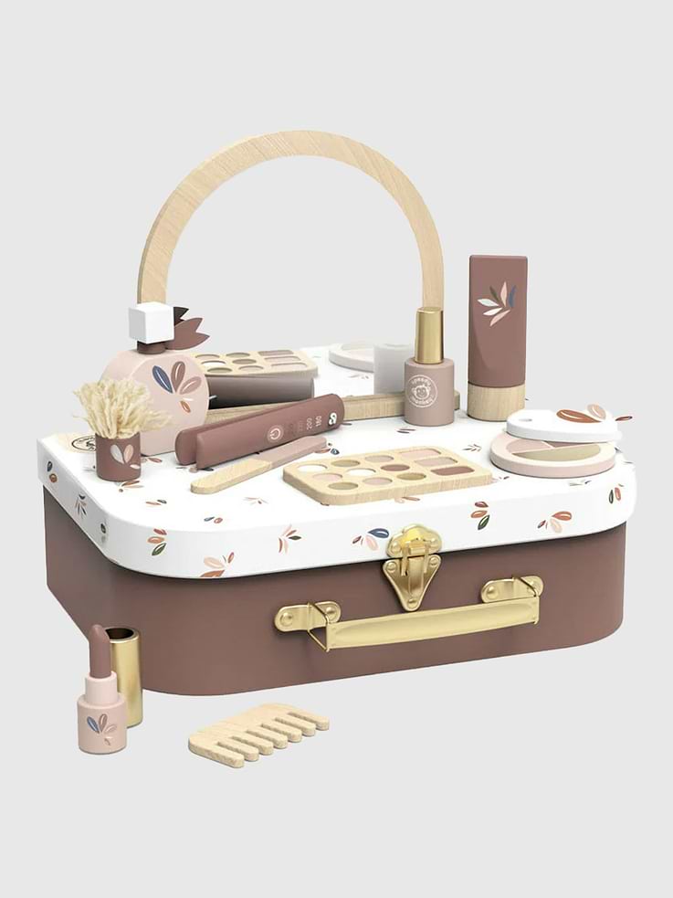 Image 1 of 4, Unleash your child’s imagination and roleplay skills with the charming Beauty Suitcase., Designed for aspiring stylists ages 36 months and up, this delightful wooden set invites hours of pretend play and creativity., The suitcase opens to reveal a colorful collection of wooden beauty accessories, perfect for mimicking grown-up routines in a fun, safe, and screen-free way., From pretend makeup to hair tools, each piece is thoughtfully designed for small hands to hold, helping to boost fine motor skills, imaginative play, and social interaction., Includes 12 accessories., Made from FSC-certified wood and painted with non-toxic, child-safe finishes, the Beauty Suitcase combines eco-friendly materials with durability., Its compact, portable design makes it ideal for at-home play or taking along on trips.