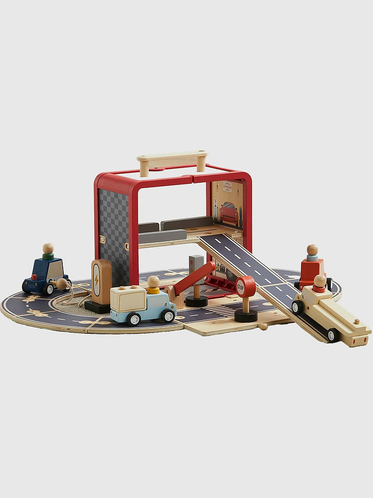 Image 1 of 2, Your kiddos will love our Take with Me Garage., It comes with 12 wooden pieces including cars, trucks, peg people, ramps, signs, charging station and much more., But the best part is kids can pack up all the pieces into the carry along garage and go anywhere., Perfect for car rides, plane rides, or just quiet imaginary play at home., Fun graphics and sturdy pieces make this the perfect travel companion., It weighs just 2.3 lbs. for easy transport.