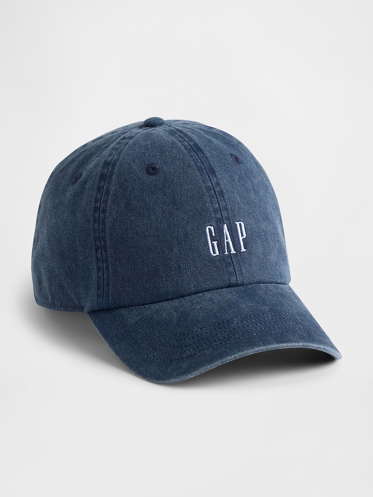 Image 1 of 3, Soft cotton 6-panel baseball cap., Gap logo at front., Stitching at curved brim., Adjustable buckle closure at back., This product was made in a factory that invests in gender equity and women’s empowerment through RISE. Learn more at gapinc.com/equity ., Product #876631